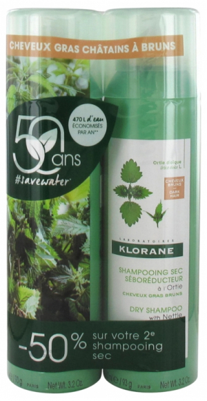 Klorane Shampoing Sec Séboréducteur à l'Ortie Lot de 2 x 150 ml - Type : Cheveux gras bruns