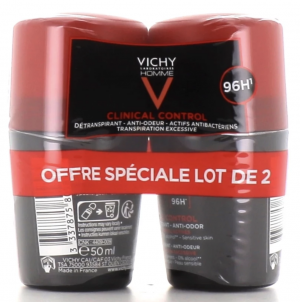VICHY HOMME DEODORANT CLINICAL CONTROL DETRANSPIRANT ANTI-ODEUR 96H ROLL-ON 50 ML x 2