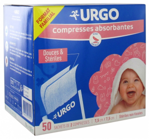 URGO Compresses Absorbantes Douces et Stériles Non Tissées 7,5 cm x 7,5 cm 50 Sachets de 2 Compresses