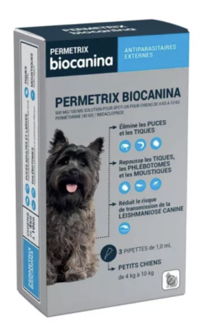 Biocanina PERMETRIX 500mg/100mg Petits Chiens 4 à 10kg Pipettes 3x 1ml - Solution Spot-on Antiparasitaire Externe