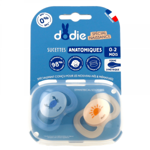 Dodie 2x Sucettes Anatomiques 0-2 Mois Spécial Naissance Bleu et Orange