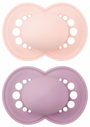 MAM Original 2 Sucettes Anatomiques Silicone Couleurs Unis 18 Mois et + - Couleur : Rose pastel/Parme