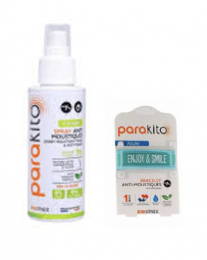 Parakito Kit Spray Moustiques Famille 30 ml + Bracelet Good Vibes Bleu Adulte Rechargeable