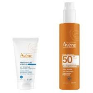 Avène SOLAIRE - Spray Invisible SPF50 Visage et Corps 200 ml + Lait Réparateur Après-Soleil 50 ml